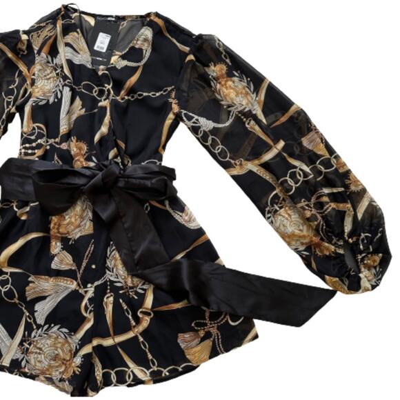 Fashion Nova Romper Skylar Black Gold Chain Tassel Balloon Long Sleeve Small NEW - Picture 8 of 12